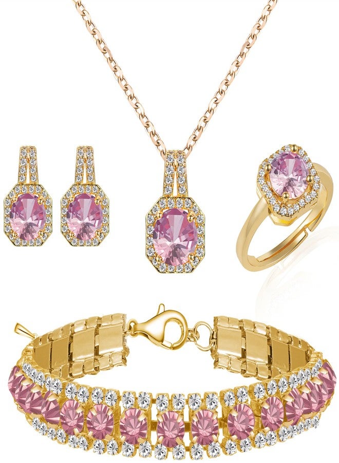 Paxuan 4pcs Wedding Jewelry Sets for Bride & Bridesmaid - Gold Plated Pink Cubic Zirconia Pendant, Earrings, Link Tennis Bracelet & Open Ring - Image 1