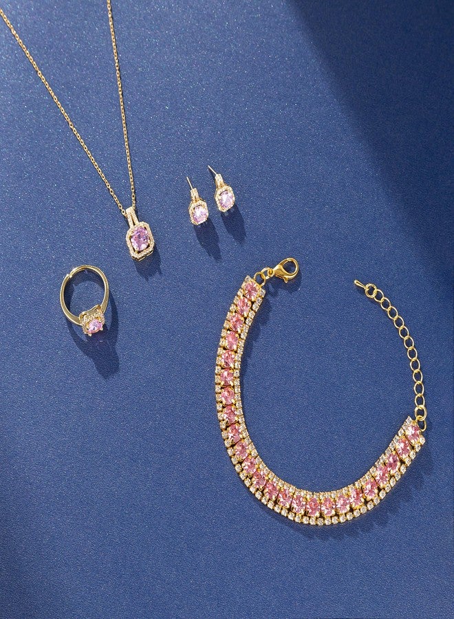 Paxuan 4pcs Wedding Jewelry Sets for Bride & Bridesmaid - Gold Plated Pink Cubic Zirconia Pendant, Earrings, Link Tennis Bracelet & Open Ring - Image 5
