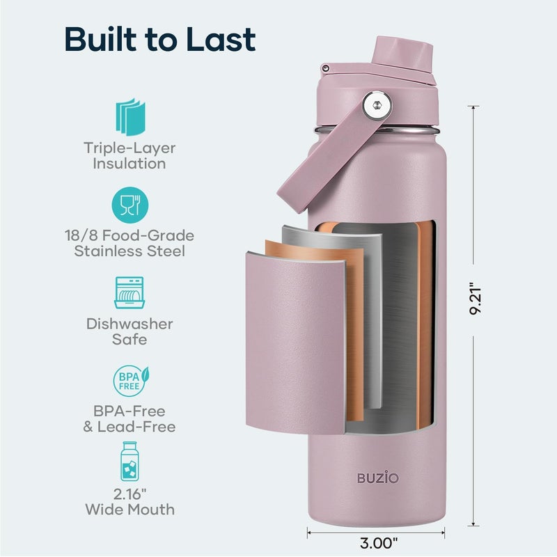 BUZIO زجاجة ماء معزولة سعة 24 أونصة، قارورة فولاذ مقاوم للصدأ مانعة للتسرب (باردة لمدة 48 ساعة)، قارورة مائية حرارية معدنية خالية من BPA بفم واسع مع غطاءين، أرجواني - Image 4