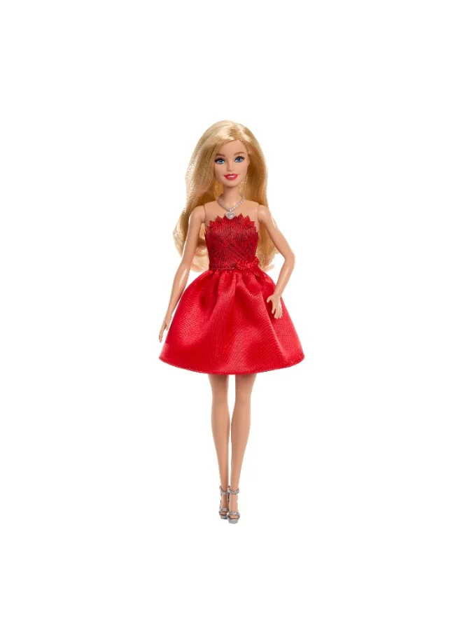 Barbie Mattel 80th Anniversary Ruby-Red Celebration Blonde Fashion Doll Wearing Red Dress with Silvery Shoes & Necklace, Collectible Toy