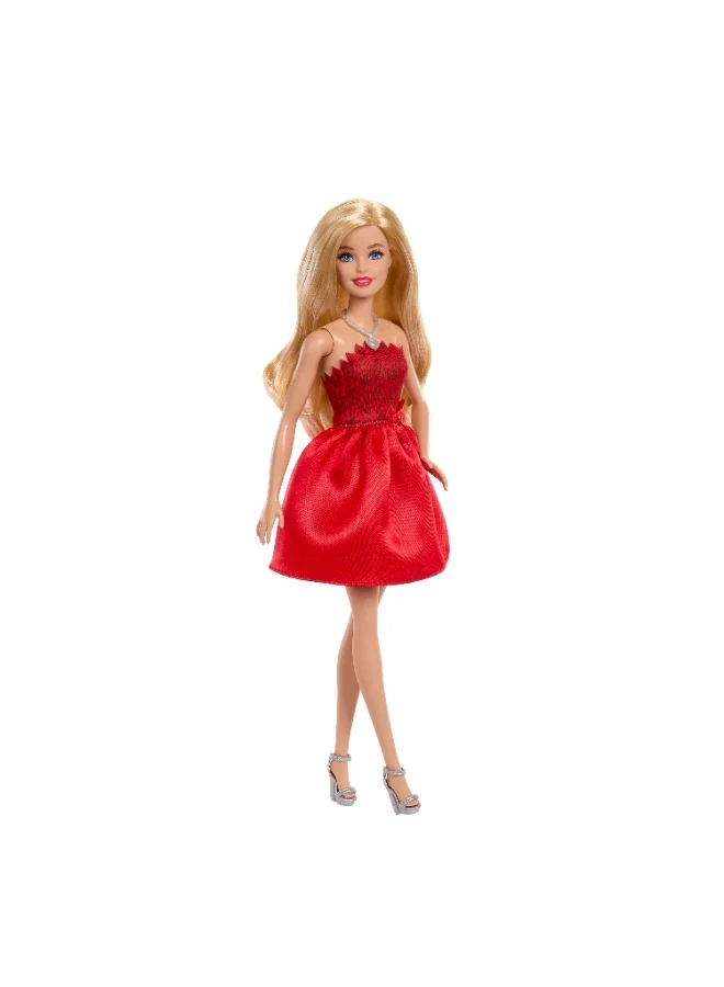 باربي Mattel 80th Anniversary Ruby-Red Celebration Blonde Fashion Doll Wearing Red Dress with Silvery Shoes & Necklace, Collectible Toy