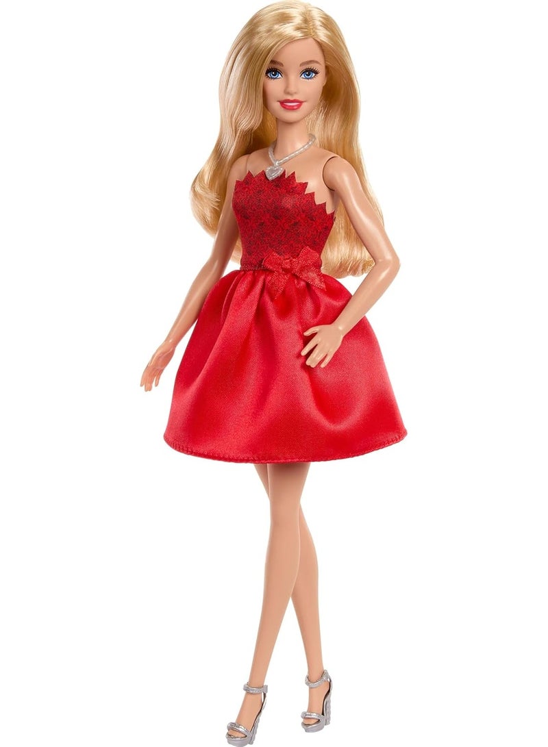 Barbie Mattel 80th Anniversary Ruby-Red Celebration Blonde Fashion Doll Wearing Red Dress with Silvery Shoes & Necklace, Collectible Toy - Image 1