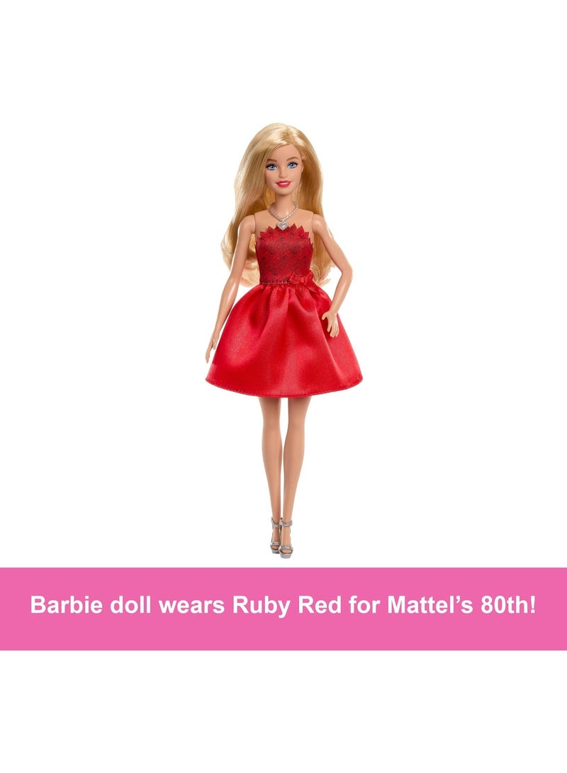 Barbie Mattel 80th Anniversary Ruby-Red Celebration Blonde Fashion Doll Wearing Red Dress with Silvery Shoes & Necklace, Collectible Toy - Image 3