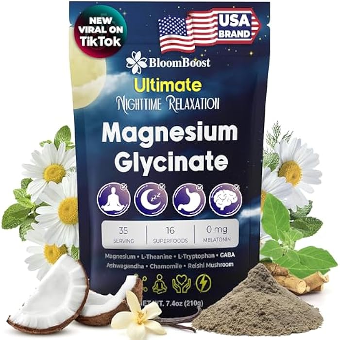 BloomBoost Magnesium Glycinate Powder, Upgraded Formula with Vanilla Coconut Powder, GABA, L-Theanine, Ashwagandha and Chamomile, Natural Berry Flavor - Perfect for Evening Wind-Down & Cozy Nights - Image 1