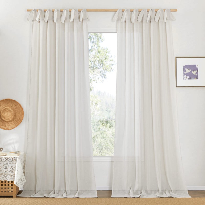 NICETOWN Natural Linen Blend Semi Sheer Curtains 84 inch Length Adjustable Tie Top DIY Crafted Semi Sheer Eclectic Privacy Rabbit Ear Curtain Drapes for BedroomLiving Room W52 x L84 2 Panels