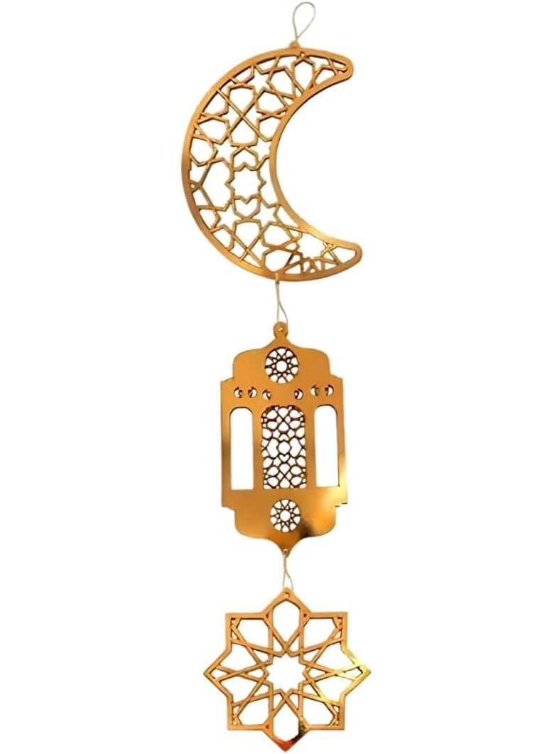 Ramadan Wooden Crescent Lantern Star Gold Pendant - Image 1