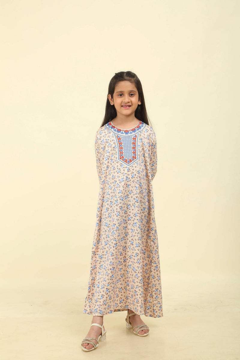HANA & SARA Girls Satin Digital Print Floral Arabic Jalabiya – Lightweight Modest Wear Dress - Image 2