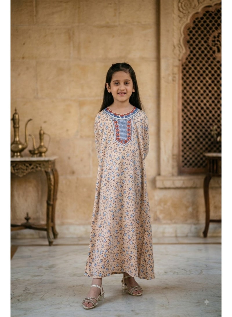 HANA & SARA Girls Satin Digital Print Floral Arabic Jalabiya – Lightweight Modest Wear Dress - Image 1