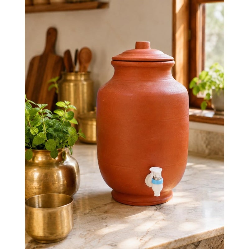 10 Liters Natural Clay Water Dispenser with Leakproof Tap and Cover Handcrafted Terracotta Matka Pot Earthen Drinking Water Jar for Home and Office Made in India - Image 4