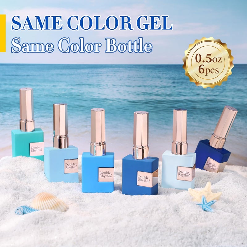 Double Rhythm 6 Pcs 15 ML Gel Polish Set Same Color Same Bottle Soak Off Gel Polish Kit Nail Art Manicure Salon DIY at Home for Women (Light Blue Dark Navy Teal-T6-14) - Image 5