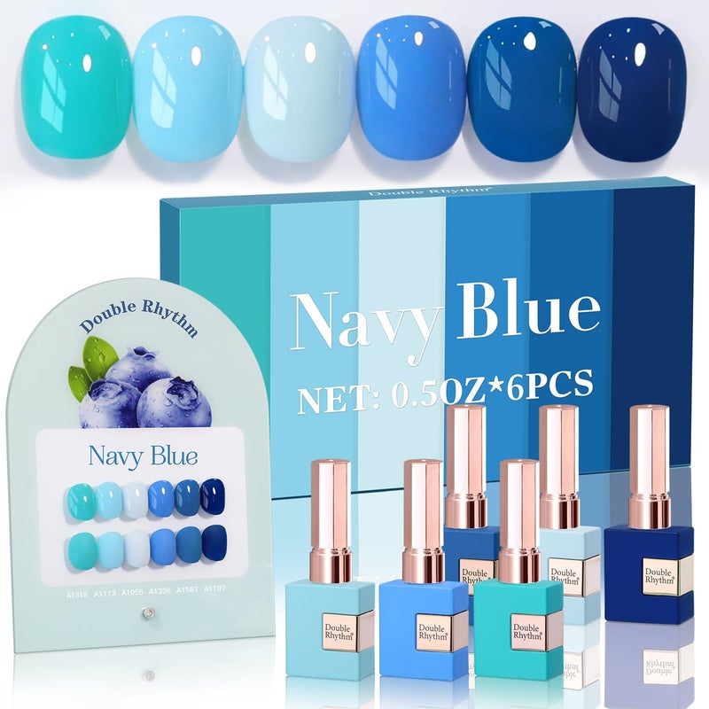 Double Rhythm 6 Pcs 15 ML Gel Polish Set Same Color Same Bottle Soak Off Gel Polish Kit Nail Art Manicure Salon DIY at Home for Women (Light Blue Dark Navy Teal-T6-14) - Image 1