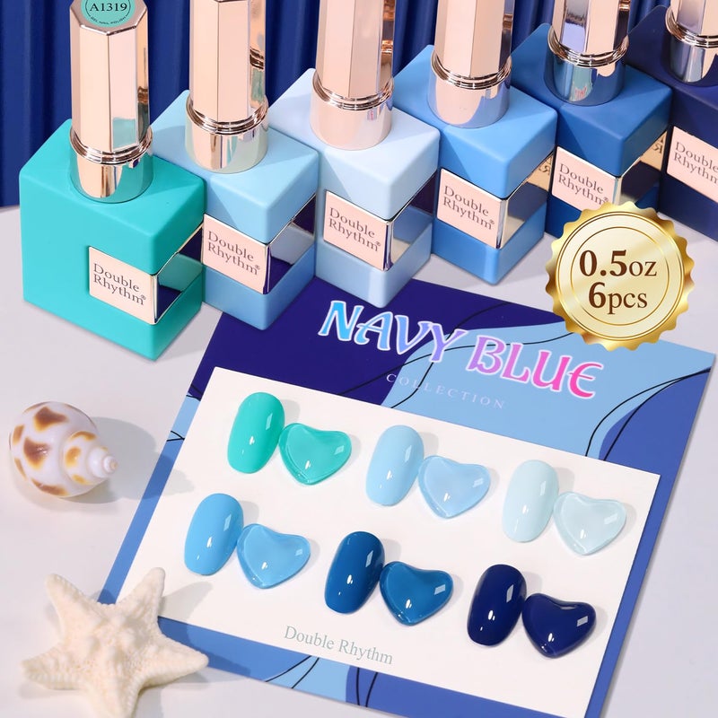 Double Rhythm 6 Pcs 15 ML Gel Polish Set Same Color Same Bottle Soak Off Gel Polish Kit Nail Art Manicure Salon DIY at Home for Women (Light Blue Dark Navy Teal-T6-14) - Image 3