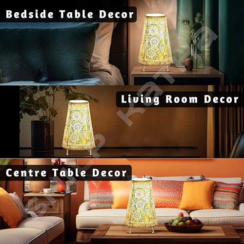 SHILP KATHA Handicraft Leather Incandescent Lamps for Home Decoration Handmade Side Table Desk Lamp for Bedroom,Designer Lamp Shade for Living Room Home Decor,Decorative Flowers - (9 inch), Yellow - Image 3