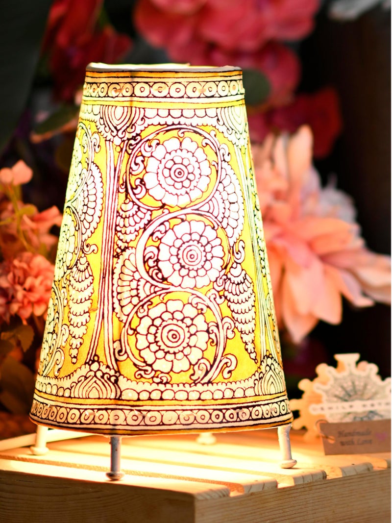 SHILP KATHA Handicraft Leather Incandescent Lamps for Home Decoration Handmade Side Table Desk Lamp for Bedroom,Designer Lamp Shade for Living Room Home Decor,Decorative Flowers - (9 inch), Yellow - Image 2