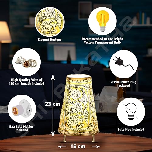 SHILP KATHA Handicraft Leather Incandescent Lamps for Home Decoration Handmade Side Table Desk Lamp for Bedroom,Designer Lamp Shade for Living Room Home Decor,Decorative Flowers - (9 inch), Yellow - Image 4