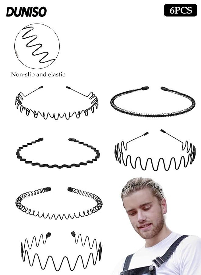 DUNISO Non Slip Sports Fashion Headband, Metal Hair Band for Men Women,Wavy Spring Headband， Mens Hair Band Sports Hair Bands with Teeth,6 Pieces Black Fashion Hair Accessories - Image 1