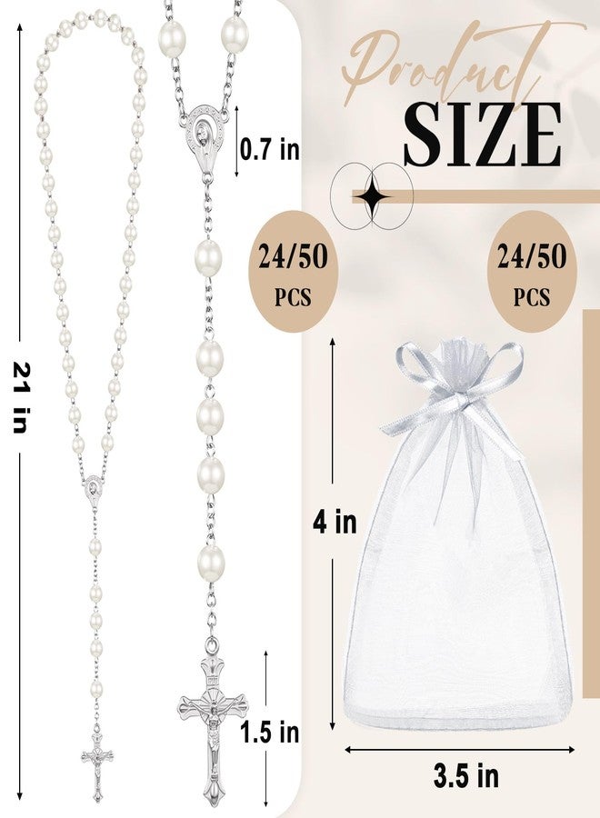 ROCEEI 50 Set Catholic Rosary Bulk 8mm Glass Pearl Beads Rosary Necklace First Communion Rosaries with Alloy Cross Mesh Bag for Gift (White) - Image 2