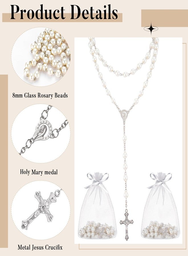 ROCEEI 50 Set Catholic Rosary Bulk 8mm Glass Pearl Beads Rosary Necklace First Communion Rosaries with Alloy Cross Mesh Bag for Gift (White) - Image 3