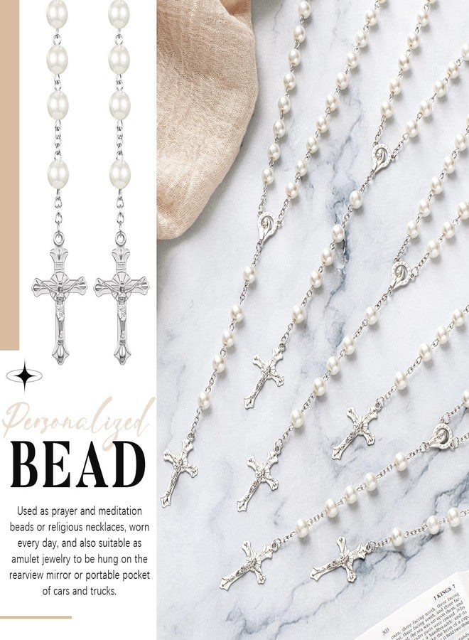 ROCEEI 50 Set Catholic Rosary Bulk 8mm Glass Pearl Beads Rosary Necklace First Communion Rosaries with Alloy Cross Mesh Bag for Gift (White) - Image 5