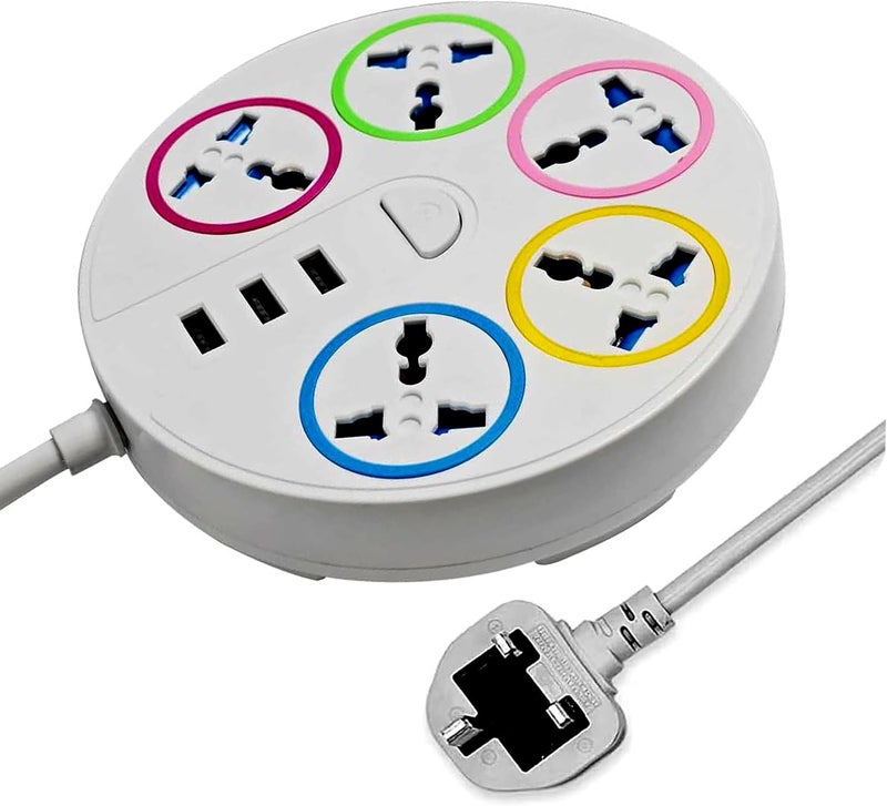 ELONSEY Round Universal Power Extension Cord with 5 Power Plugs and 3 USB Outlets, 5 Way Power Strip with USB Slots, Extension Lead 3 meter - White (5 Socket + 3 USB) - Image 1
