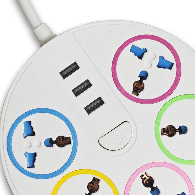 ELONSEY Round Universal Power Extension Cord with 5 Power Plugs and 3 USB Outlets, 5 Way Power Strip with USB Slots, Extension Lead 3 meter - White (5 Socket + 3 USB) - Image 2