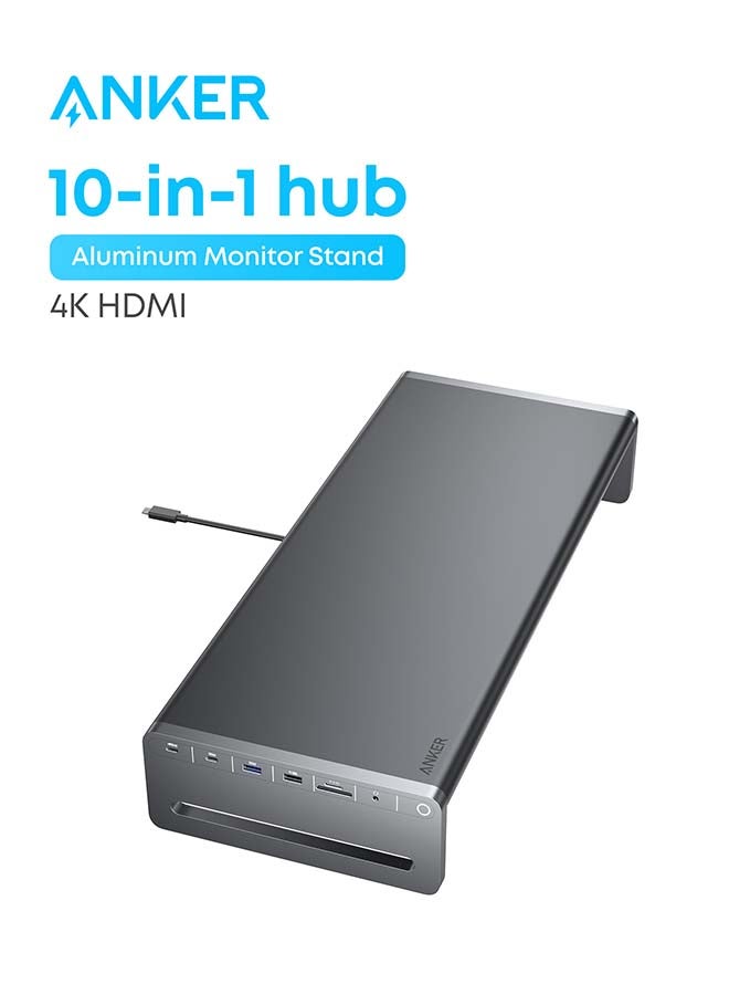 محور USB-C، حامل شاشة من الألمنيوم 10 في 1 مع 100 واط PD، منافذ USB بسرعة 5Gbps، وعرض HDMI بدقة 4K@60Hz، كابل مدمج بطول 3.3 قدم، مكتب خالي من الفوضى لجهاز MacBook وDell والأجهزة التي تدعم USB-C بالكامل. - Image 1