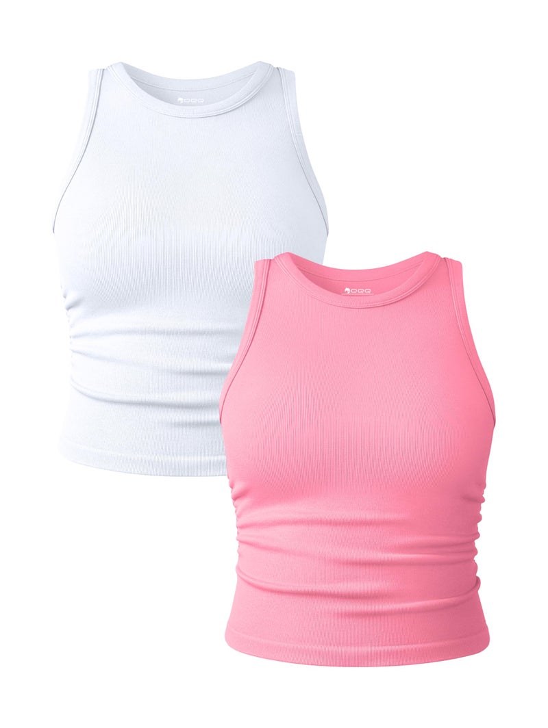 OQQ Women's 2 Piece Tank Tops Crew Neck Sleeveless Basic Stretch Casusal Yoga Crop Camis White Candypink - Image 1