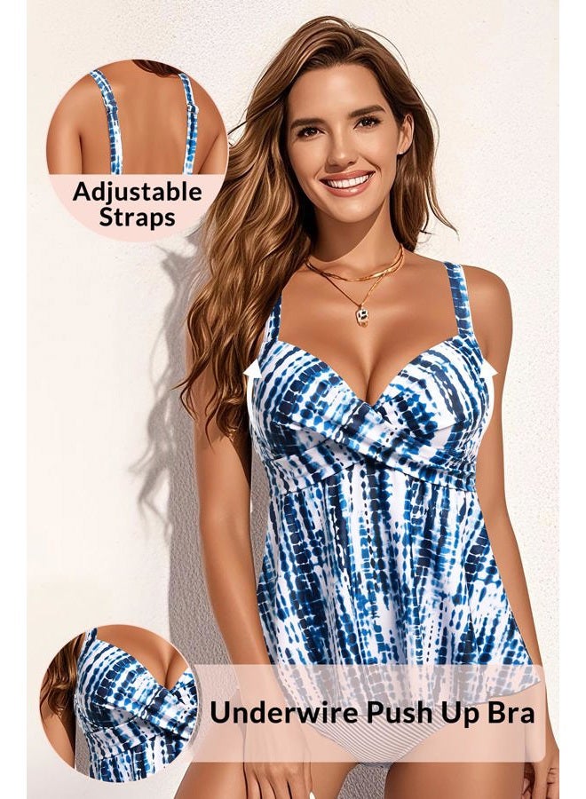 Yonique Women's Underwire Tankini Top Only- Twist V Neck Swimsuit Top Flowy Bathing Suit Top No Bottom 2025, Blue Tie Dye, S - Image 4