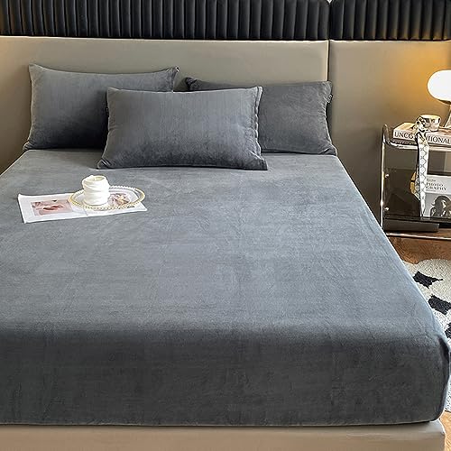 LweiPsqLin Velvet Fitted Sheet Twin Size,Fleece Plush Bed Sheet Mattress Protector Cover with 15'' Deep Pocket Warm Fuzzy Bottom Sheet,Dark Gray (Not Include Pillowcases) - Image 2