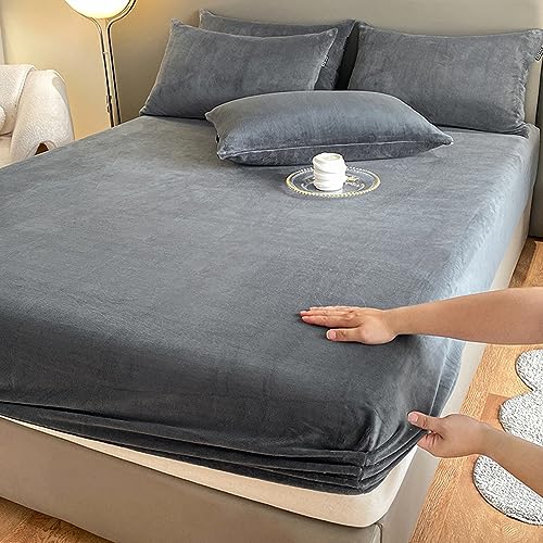 LweiPsqLin Velvet Fitted Sheet Twin Size,Fleece Plush Bed Sheet Mattress Protector Cover with 15'' Deep Pocket Warm Fuzzy Bottom Sheet,Dark Gray (Not Include Pillowcases) - Image 3