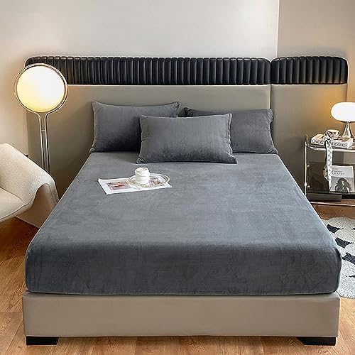 LweiPsqLin Velvet Fitted Sheet Twin Size,Fleece Plush Bed Sheet Mattress Protector Cover with 15'' Deep Pocket Warm Fuzzy Bottom Sheet,Dark Gray (Not Include Pillowcases) - Image 1