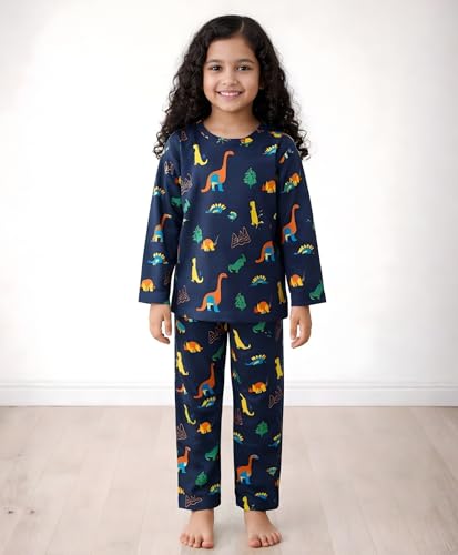 Anthrilo Pajama T-Shirt Set for Girls | Kids Night Suit for Girls | Nightwear | 100% Cotton Pyjama Set Dinosaur Fun Navy Print | Long Sleeve T-Shirt and Pajama | 6-7 Years - Image 2