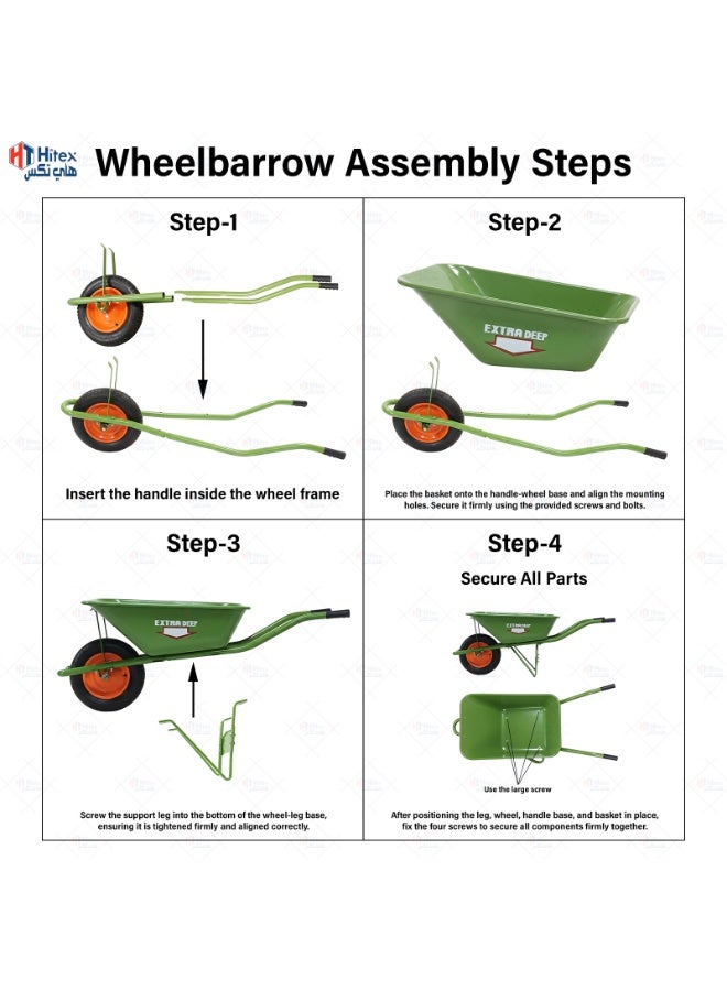 هيتكس عربة يدوية متينة - جودة يابانية قياسية - هيكل فولاذي متين، صينية عميقة، مقابض مانعة للانزلاق، عجلة دوارة سلسة | للبناء، البستنة، الزراعة | صُنع في إندونيسيا - Image 4
