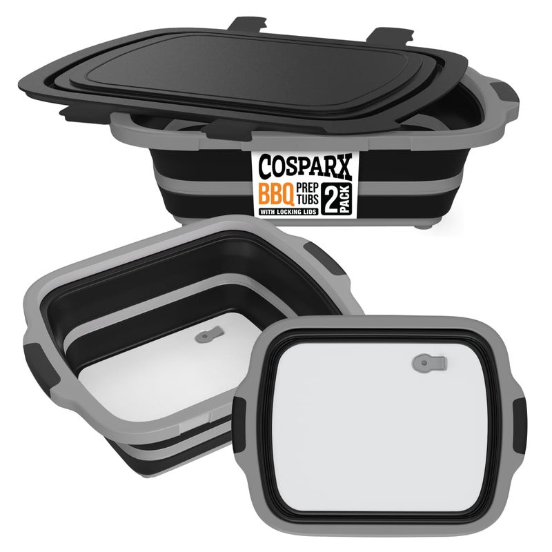 COSPARX 2-Pack XL Collapsible BBQ Prep Tub with Built-In Cutting Board, Lid & Strainer â€“ Marinate, Drain & Prep â€“ Large Food-Safe Container â€“ Perfect for Grilling, Smoking & Outdoor Cooking (Black) - Image 1