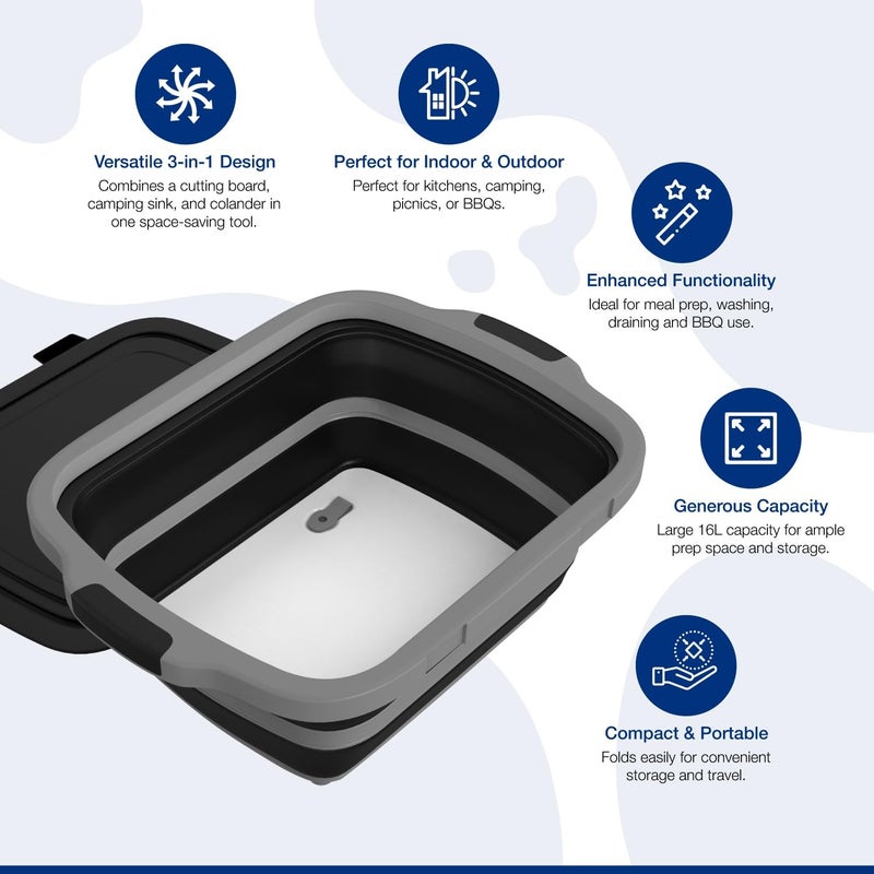 COSPARX 2-Pack XL Collapsible BBQ Prep Tub with Built-In Cutting Board, Lid & Strainer â€“ Marinate, Drain & Prep â€“ Large Food-Safe Container â€“ Perfect for Grilling, Smoking & Outdoor Cooking (Black) - Image 5