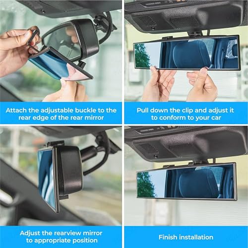 HUUSO Rear View Mirror, Clip On Rear View Wide Angle Mirror, Panoramic Interior Extended Rear View Mirror, Anti-Glare, Blue Tint Compatible With All Cars, 1 Piece - Image 3