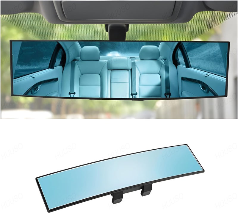 HUUSO Rear View Mirror, Clip On Rear View Wide Angle Mirror, Panoramic Interior Extended Rear View Mirror, Anti-Glare, Blue Tint Compatible With All Cars, 1 Piece - Image 1