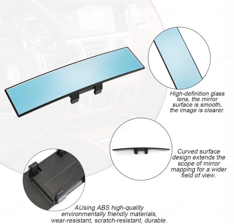 HUUSO Rear View Mirror, Clip On Rear View Wide Angle Mirror, Panoramic Interior Extended Rear View Mirror, Anti-Glare, Blue Tint Compatible With All Cars, 1 Piece - Image 4