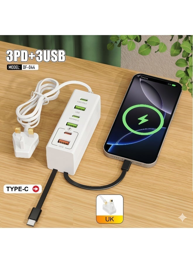 Flossie Multi-Function Fast-Charging USB Power Strip, UK-Style Plugs, with 3 USB-A Ports and 3 Type-C (PD) Ports, Power Strip with 1M Extension Cord for Office, Home, and Travel Use, White - Image 2