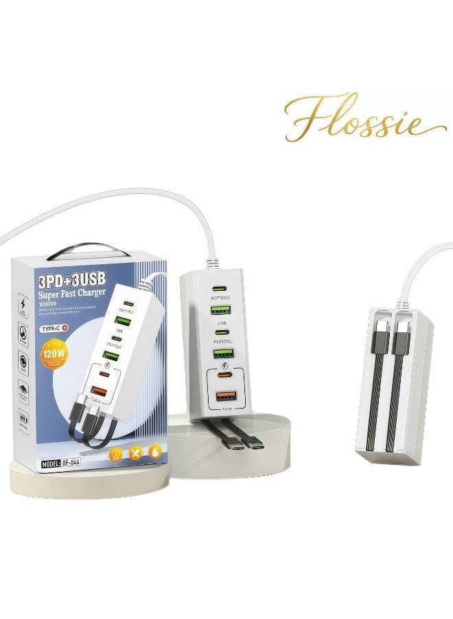 Flossie Multi-Function Fast-Charging USB Power Strip, UK-Style Plugs, with 3 USB-A Ports and 3 Type-C (PD) Ports, Power Strip with 1M Extension Cord for Office, Home, and Travel Use, White - Image 1