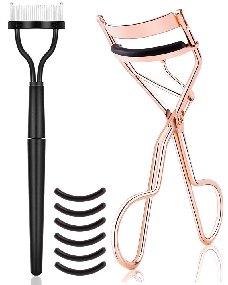 TPPICK Eyelash Curler Kit Metal Lash Curlers with Mascara Applicator Eyelashes Separator Comb 6 Replacement Refill Pads Rose Gold
