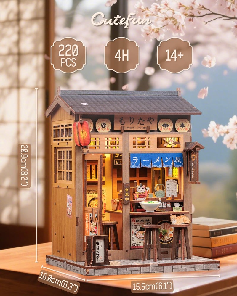 Cutefun Book Nook Kit - DIY Miniature House Kit for Adults, Japanese 3D Wooden Puzzle Tiny House with LED, Dollhouse Kit Bookshelf Insert Decor Creative Gifts for Teens and Beginners (Morita Ramen) - Image 2