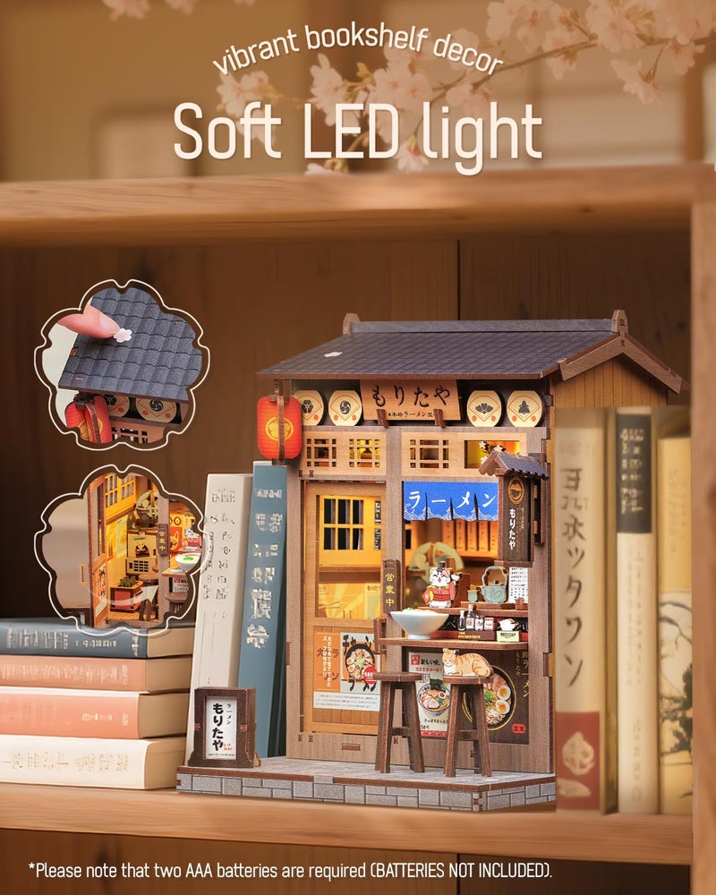 Cutefun Book Nook Kit - DIY Miniature House Kit for Adults, Japanese 3D Wooden Puzzle Tiny House with LED, Dollhouse Kit Bookshelf Insert Decor Creative Gifts for Teens and Beginners (Morita Ramen) - Image 3