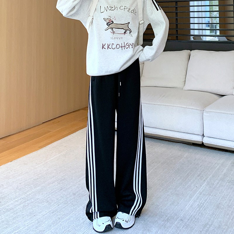 American Style Streetwear Autumn/Winter New Three-Stripe Sweatpants Trendy Loose-Fit Straight-Leg Casual Pants Slimming Black 