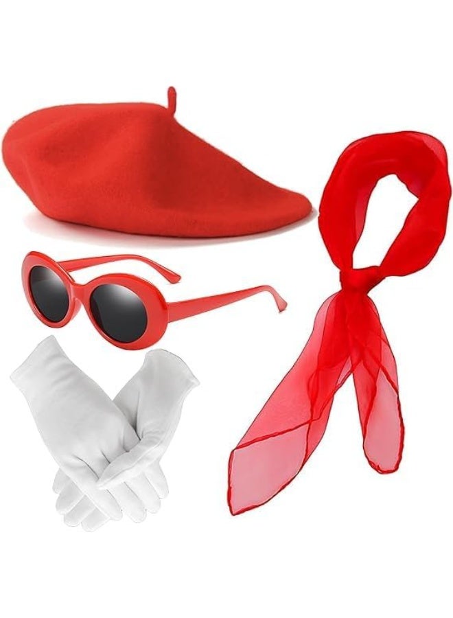 4 Pcs French Accessories Set, Beret Hat Scarf Gloves Sunglasses for Women, 50s French Mime Costume Kit for Women Dress Up on Parties