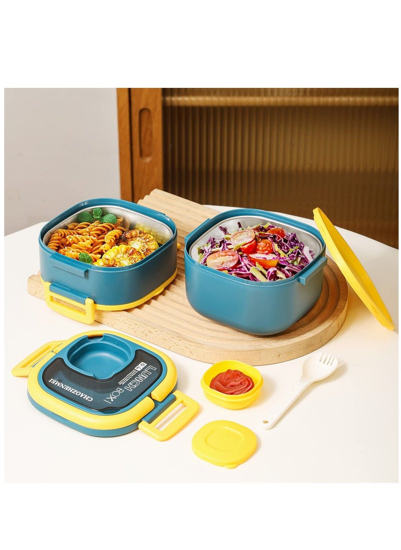 Arabest - Stackable Lunch Container with 45oz Stainless Steel Salad Container for Lunch Bento Box, Leak-Proof Durable All-in-One Lunch Box Built In Divider, Spoon, Dressing Container (Blue) - Image 1