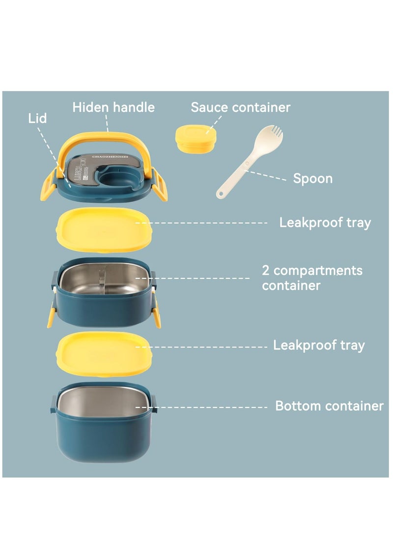 Arabest - Stackable Lunch Container with 45oz Stainless Steel Salad Container for Lunch Bento Box, Leak-Proof Durable All-in-One Lunch Box Built In Divider, Spoon, Dressing Container (Blue) - Image 1