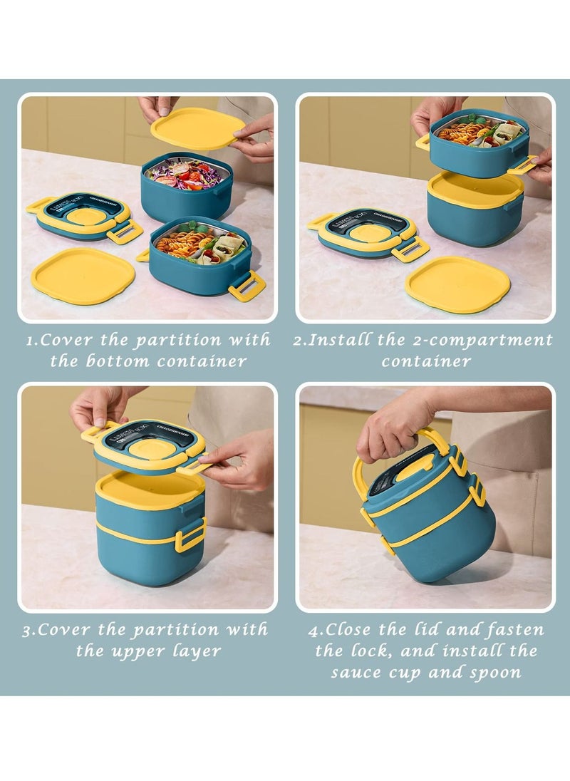 Arabest - Stackable Lunch Container with 45oz Stainless Steel Salad Container for Lunch Bento Box, Leak-Proof Durable All-in-One Lunch Box Built In Divider, Spoon, Dressing Container (Blue) - Image 1