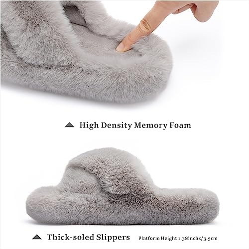 Chantomoo Women's Cross Slippers Memory Foam House Bedroom Slippers for Women Fuzzy Plush Comfy Faux Fur Lined Slide Shoes Anti-Skid Sole Trendy Gift Slippers Grey Size7 8 6.5 - Image 2
