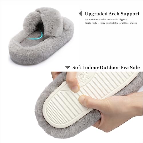 Chantomoo Women's Cross Slippers Memory Foam House Bedroom Slippers for Women Fuzzy Plush Comfy Faux Fur Lined Slide Shoes Anti-Skid Sole Trendy Gift Slippers Grey Size7 8 6.5 - Image 4